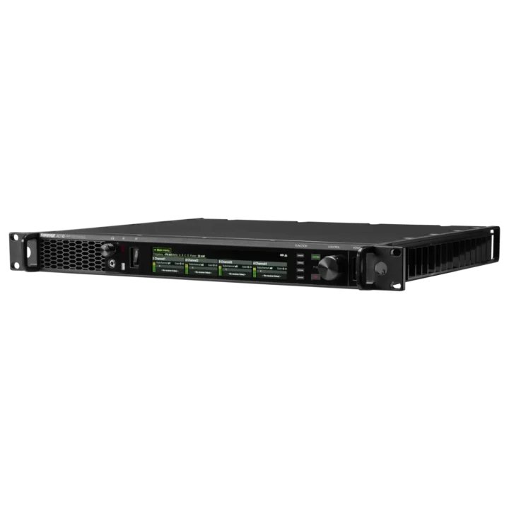 Shure ADTQ Axient Digital PSM wireless quad transmitter front view with LCD display and control buttons