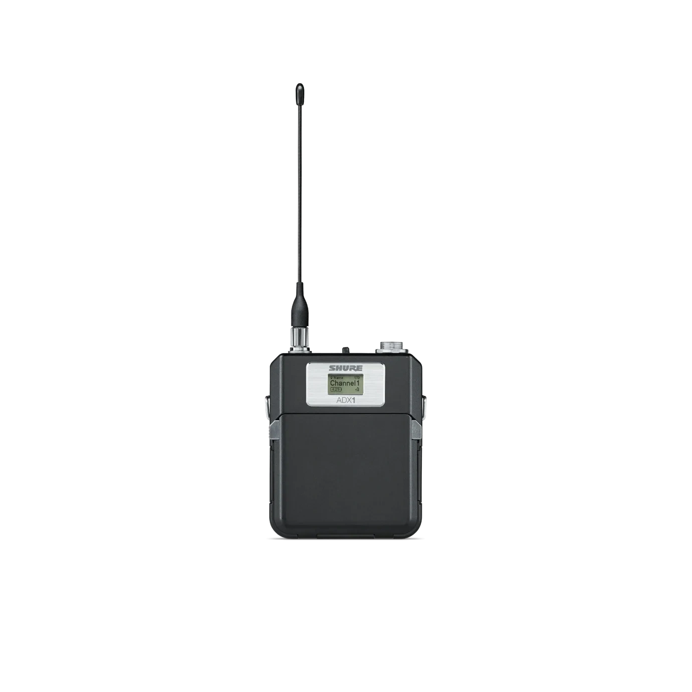 Shure ADX1 Bodypack Transmitter G57 Front View Shure ADX1 bodypack transmitter with G57 frequency range, front-facing product view showing controls and display