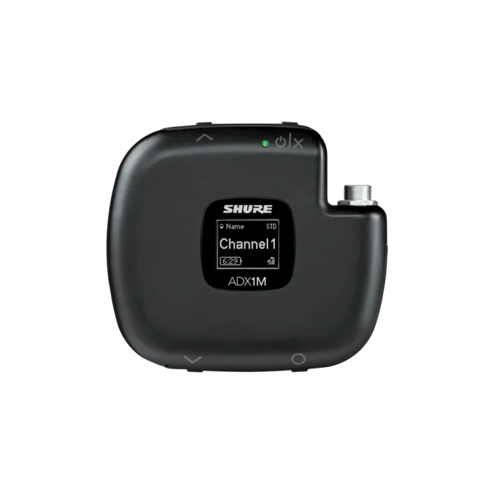 Shure ADX1M micro bodypack transmitter with X55 frequency band, front-facing product view