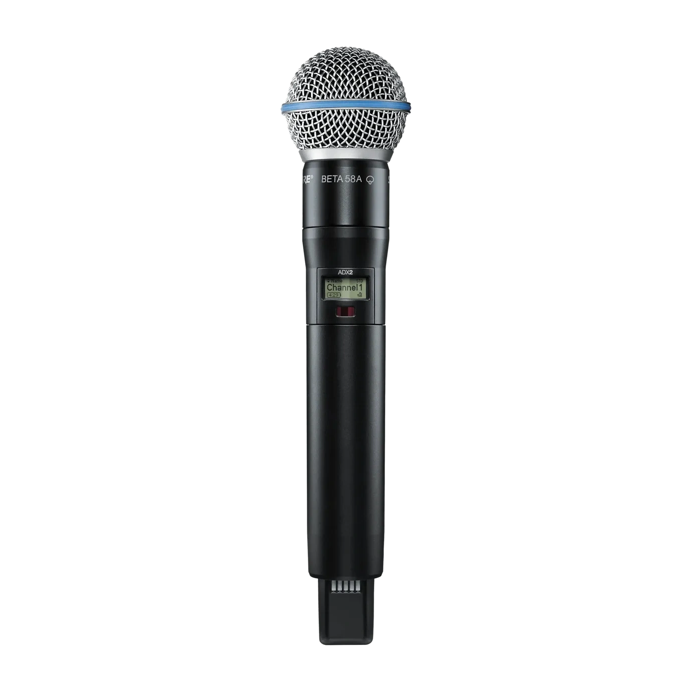 Shure ADX2/B58 Wireless Microphone Transmitter Front View Shure ADX2/B58 handheld wireless microphone transmitter with integrated bodypack, X55 frequency band