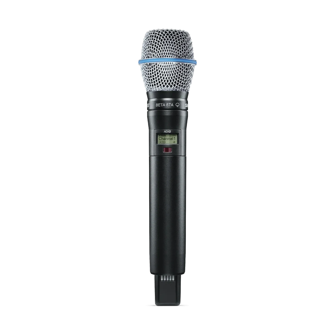 Shure ADX2 B87A Wireless Microphone Transmitter Front Shure ADX2 B87A handheld wireless microphone transmitter with B87A capsule, front view