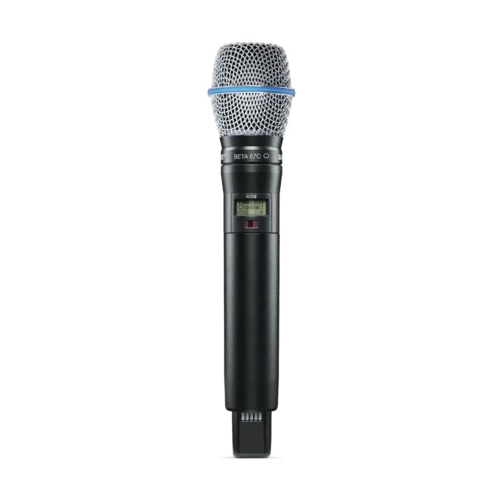 Shure ADX2 B87C handheld wireless microphone transmitter with capsule and controls visible