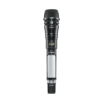 Shure ADX2/K8 handheld wireless microphone transmitter shown from side angle with grip and controls visible