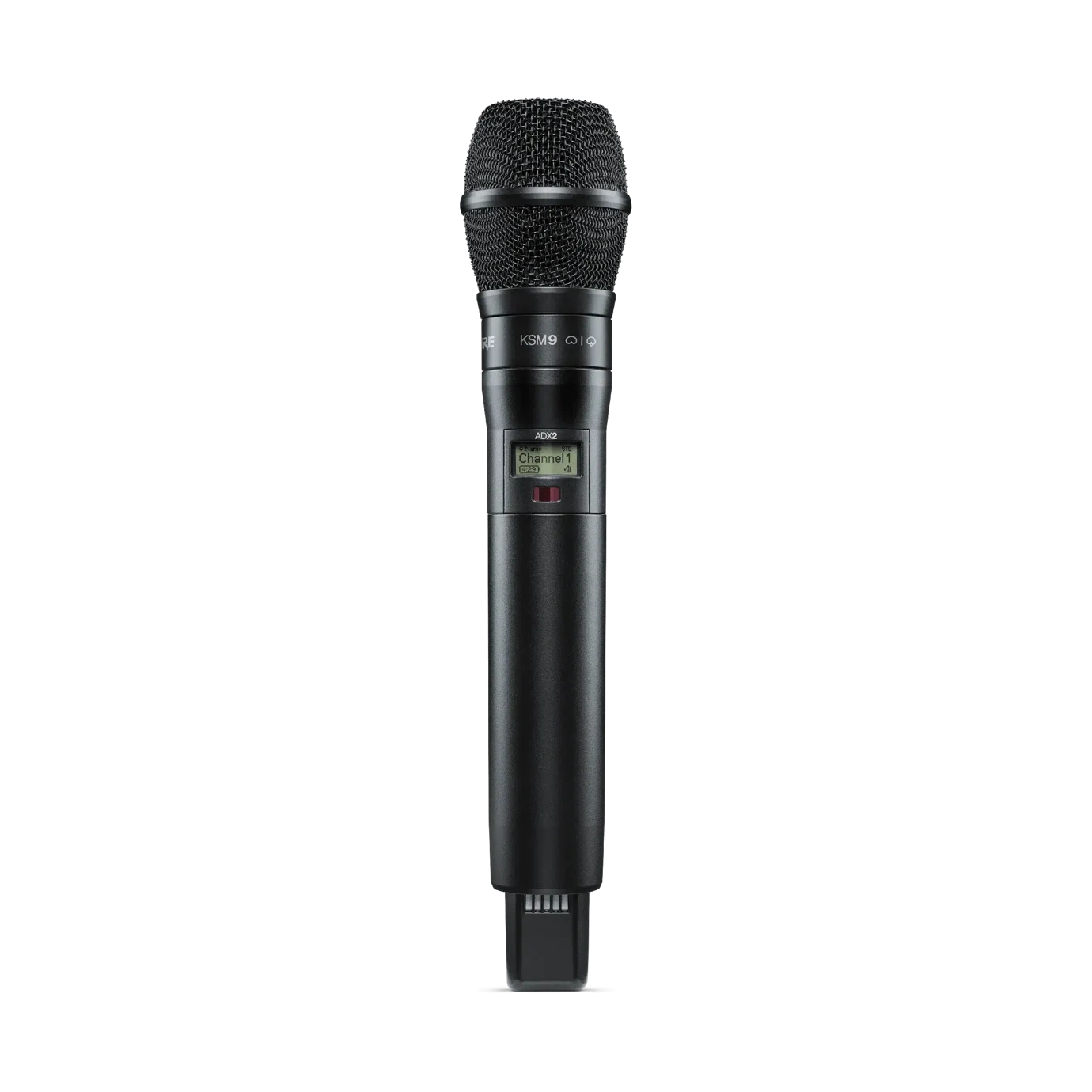 Shure ADX2/K9 Wireless Microphone Transmitter Front View Shure ADX2/K9 handheld wireless microphone transmitter with integrated capsule and controls