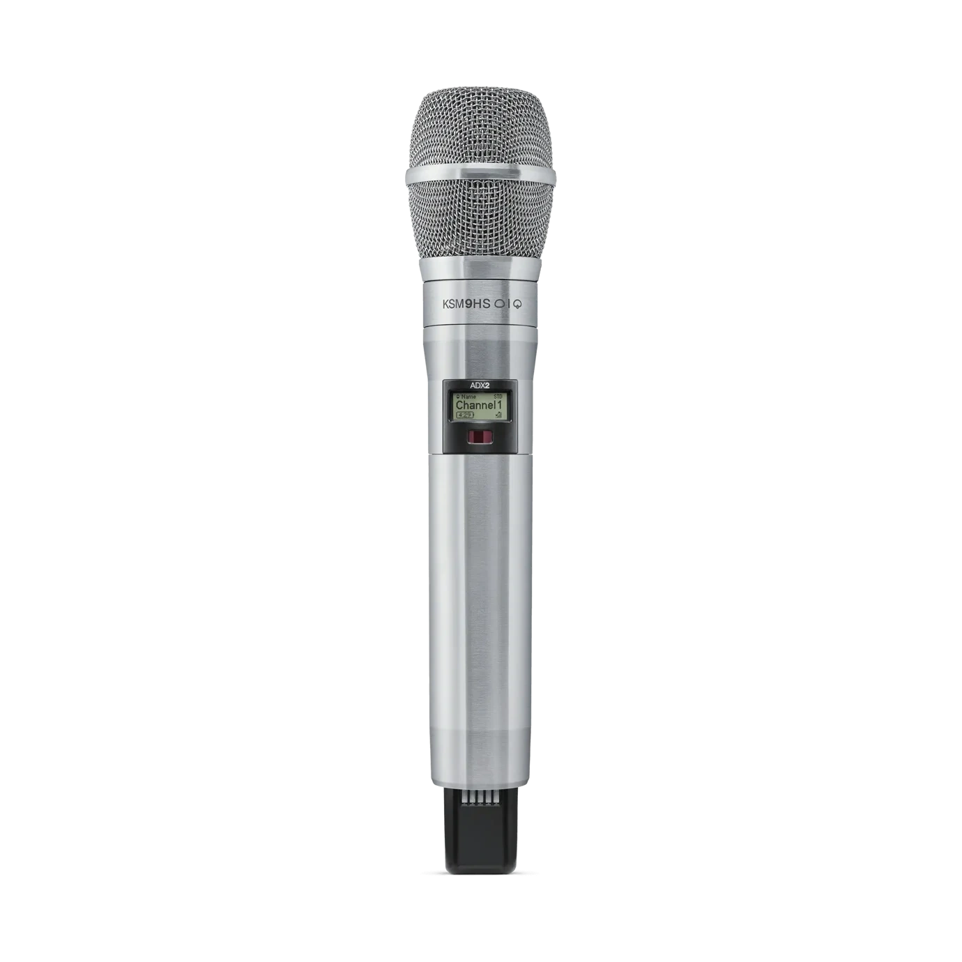 Shure ADX2 K9HS Wireless Microphone Transmitter Front View Shure ADX2 K9HS handheld wireless microphone transmitter with integrated capsule and controls