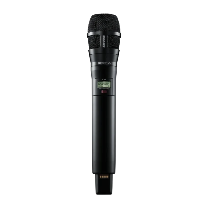 Shure ADX2/N8C handheld wireless microphone transmitter in black with ergonomic grip and control interface