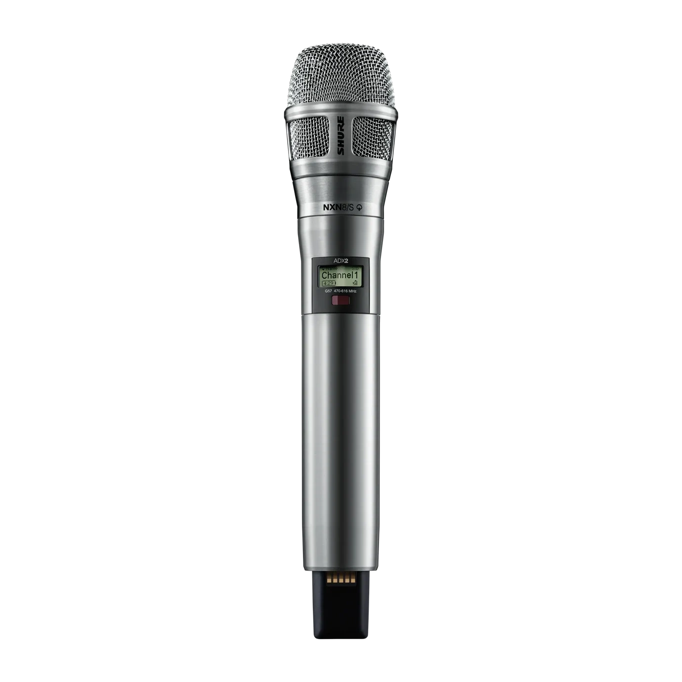 Shure ADX2/N8S Wireless Microphone Transmitter Nickel Shure ADX2/N8S nickel handheld wireless microphone transmitter with digital display and controls