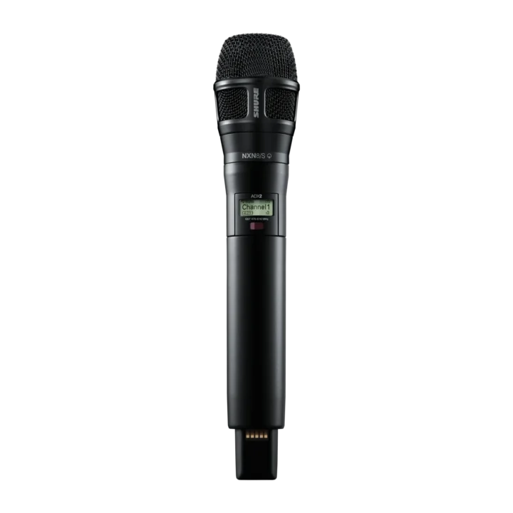 Shure ADX2/N8S handheld wireless microphone transmitter in black with integrated controls and antenna