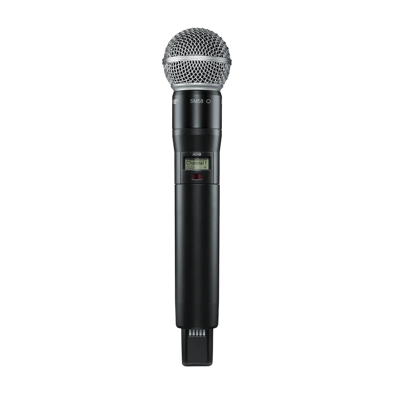 Shure ADX2 SM58 Wireless Microphone Transmitter Front View Shure ADX2 SM58 handheld wireless microphone transmitter with SM58 capsule and digital display