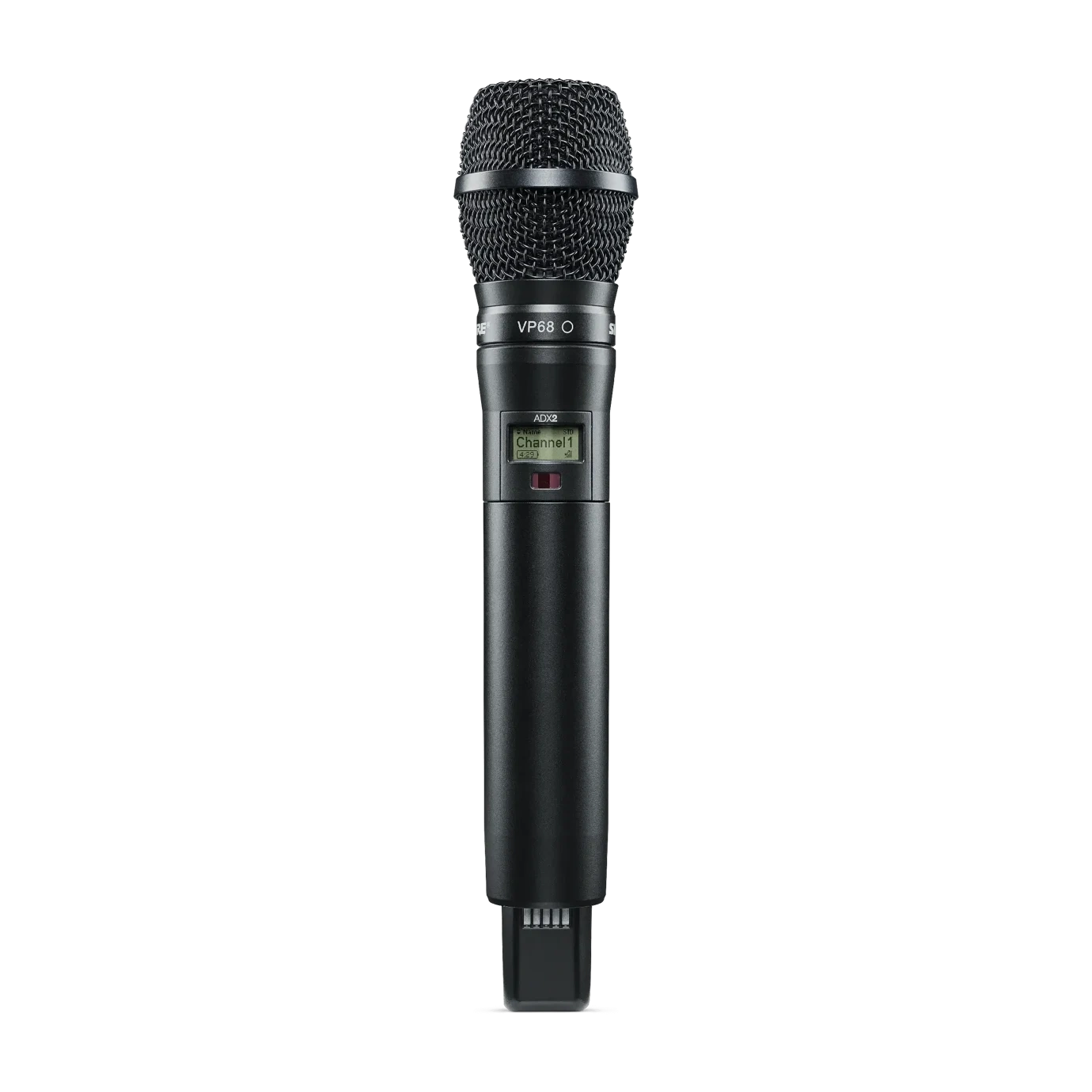 Shure ADX2 VP68 Wireless Microphone Transmitter Front View Shure ADX2 VP68 handheld wireless microphone transmitter with VP68 capsule and digital display