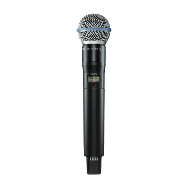 Shure ADX2FD B58 handheld wireless microphone transmitter with integrated B58 capsule, front angle view