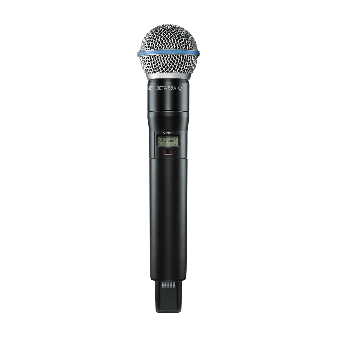 Shure ADX2FD B58 Wireless Microphone Transmitter Front View Shure ADX2FD B58 handheld wireless microphone transmitter with integrated B58 capsule, front angle view