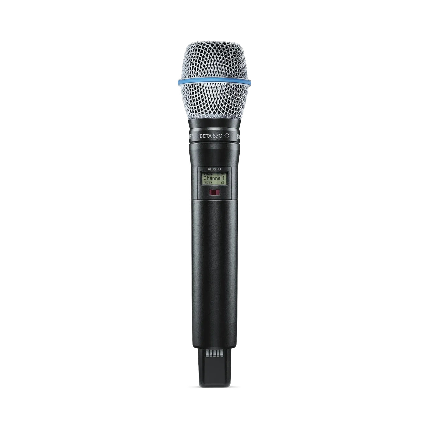 Shure ADX2FD B87C Wireless Microphone Transmitter Front View Shure ADX2FD B87C handheld wireless microphone transmitter with B87C capsule, G57 band