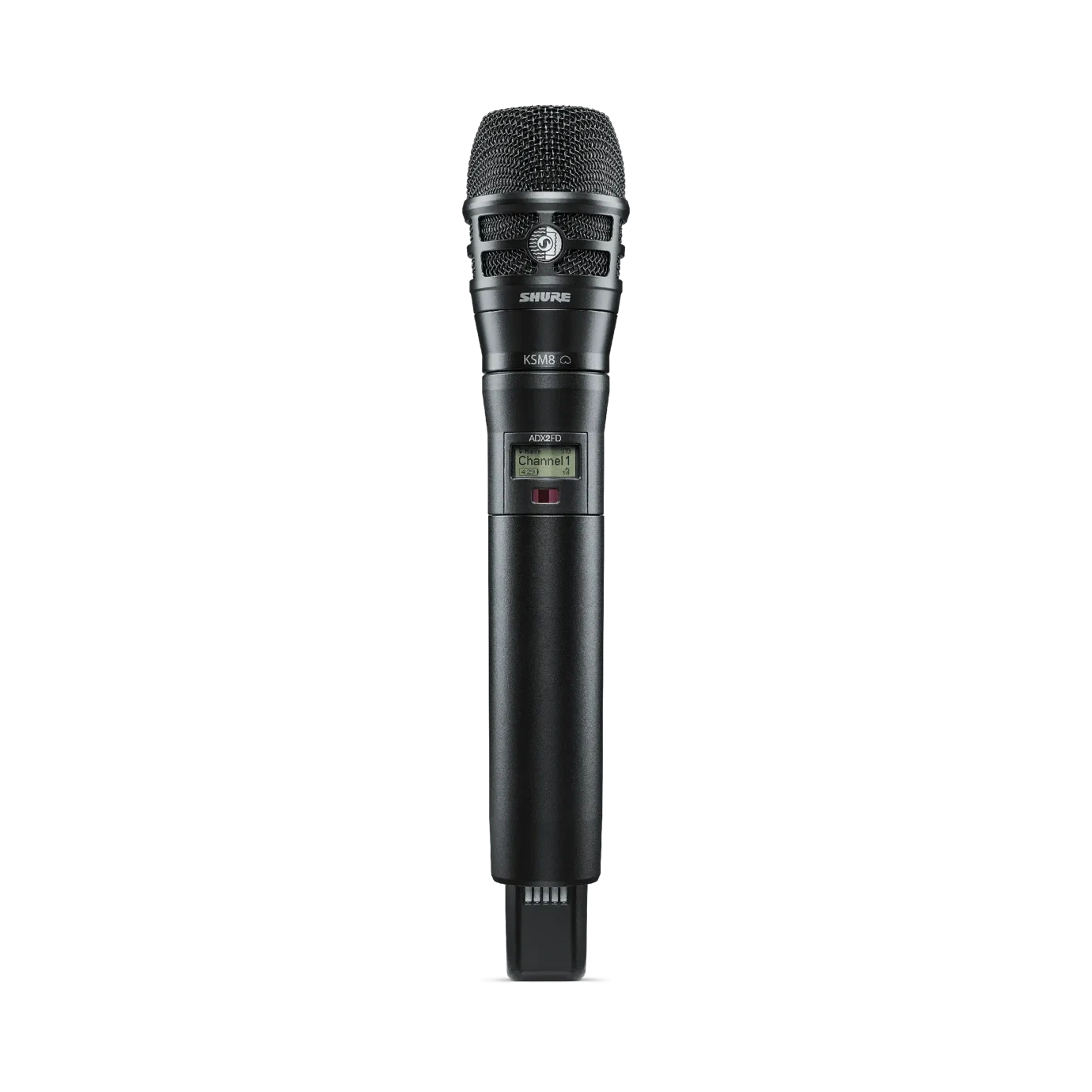 Shure ADX2FD/K8 Wireless Microphone Transmitter Front View Shure ADX2FD/K8 handheld wireless microphone transmitter with frequency display and control buttons