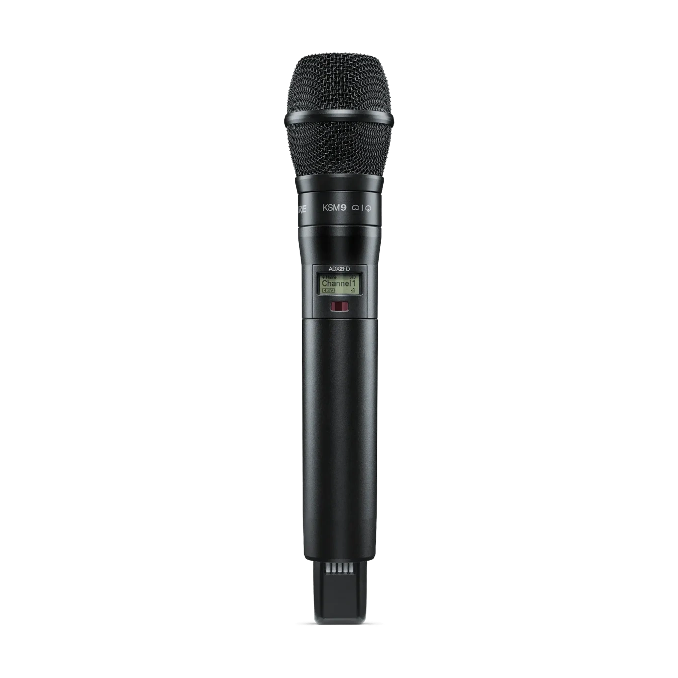 Shure ADX2FD/K9 Wireless Microphone Transmitter Front View Shure ADX2FD/K9 handheld wireless microphone transmitter with grip and controls visible