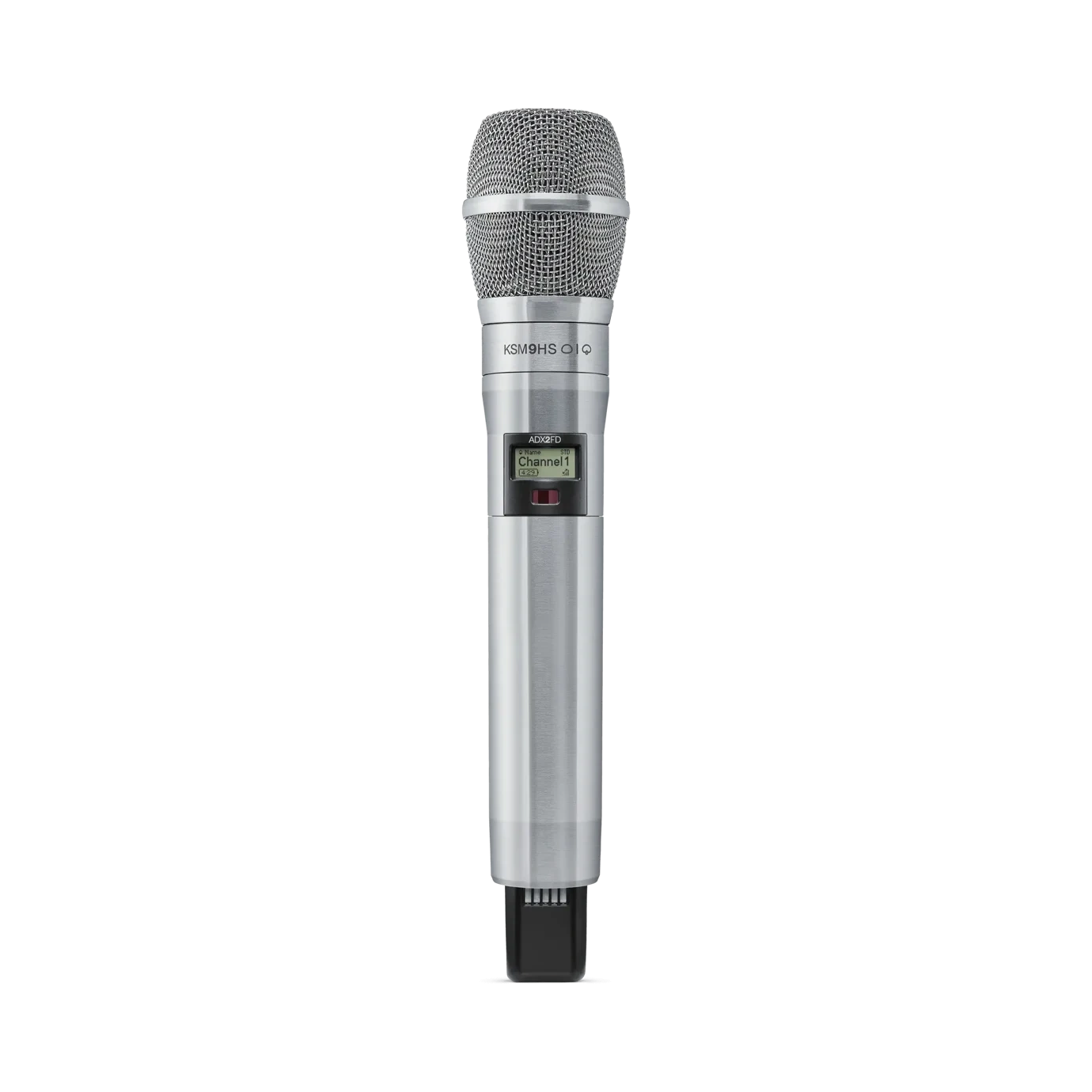 Shure ADX2FD K9HS Wireless Microphone Transmitter Front View Shure ADX2FD K9HS handheld wireless microphone transmitter with integrated microphone capsule and control interface