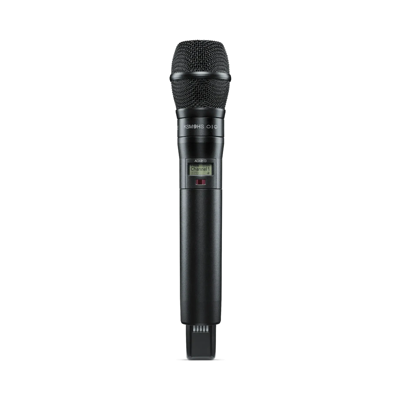 Shure ADX2FD K9HS Wireless Microphone Transmitter Front View Shure ADX2FD K9HS handheld wireless microphone transmitter with integrated capsule and controls
