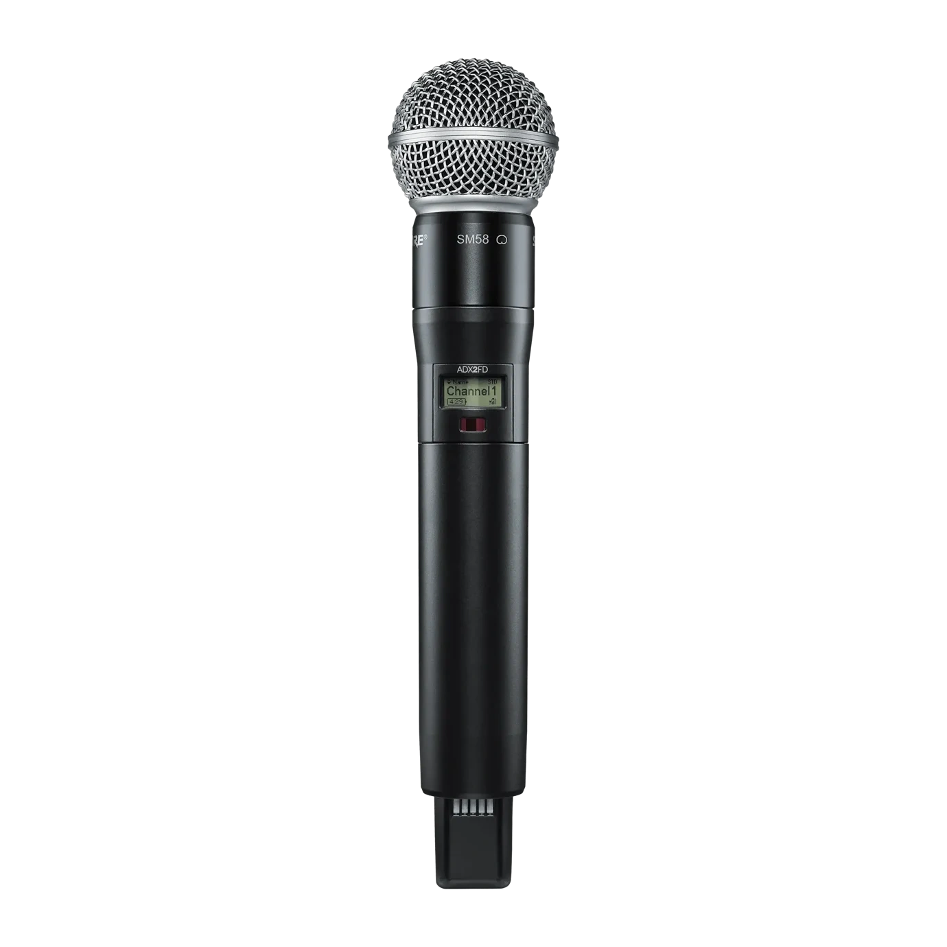 Shure ADX2FD SM58 Wireless Microphone Transmitter Front View Shure ADX2FD SM58 handheld wireless microphone transmitter with SM58 capsule and digital display
