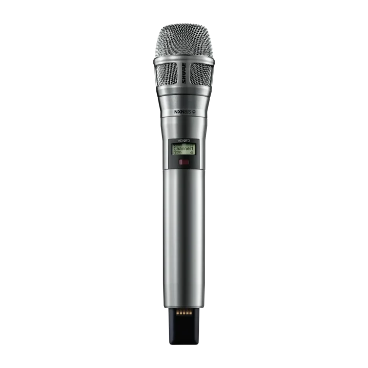 Shure ADX2FD handheld wireless microphone transmitter in nickel finish, front view