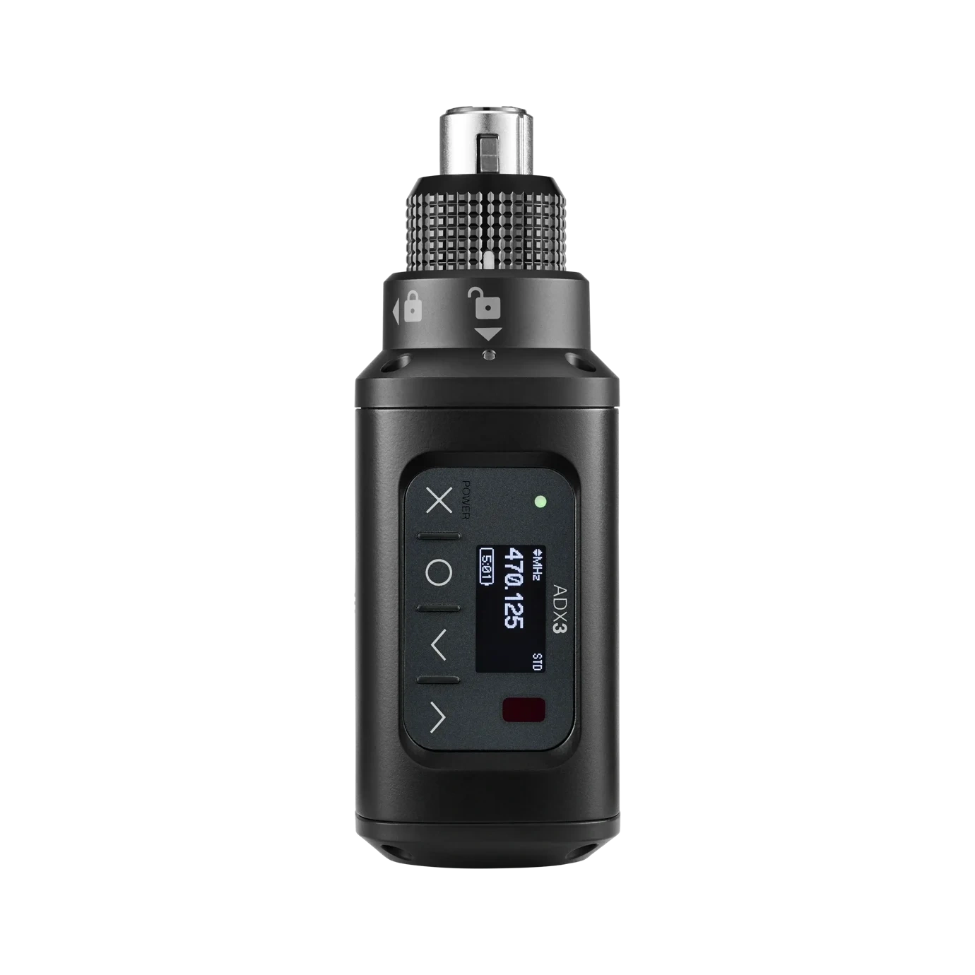 Shure ADX3 Axient Digital Plug-On Transmitter Front View Shure ADX3 Axient Digital plug-on transmitter with ShowLink wireless microphone body front