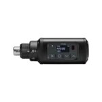 Shure ADX3 Axient Digital plug-on transmitter showing controls and display panel