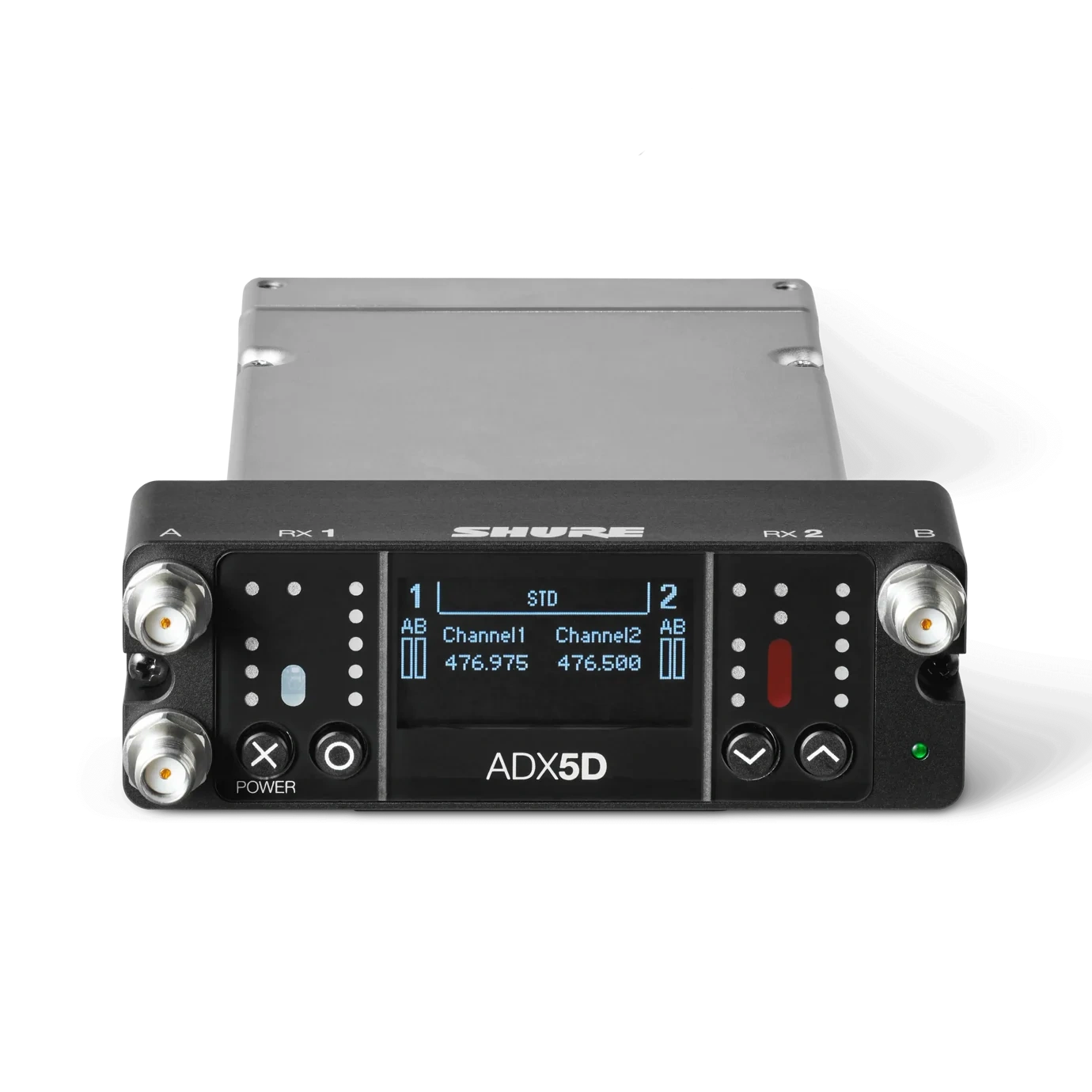 Shure ADX5D Axient Digital Wireless Receiver Front View Shure ADX5D Axient Digital dual-channel portable wireless receiver with LCD display and control buttons
