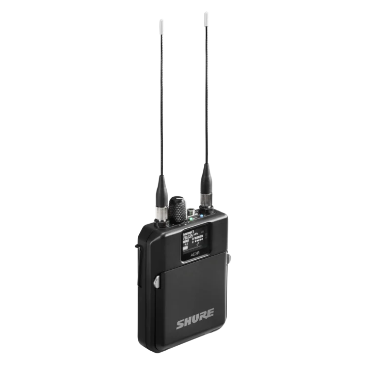 Shure ADXR Axient Digital PSM wireless bodypack receiver front view with display screen