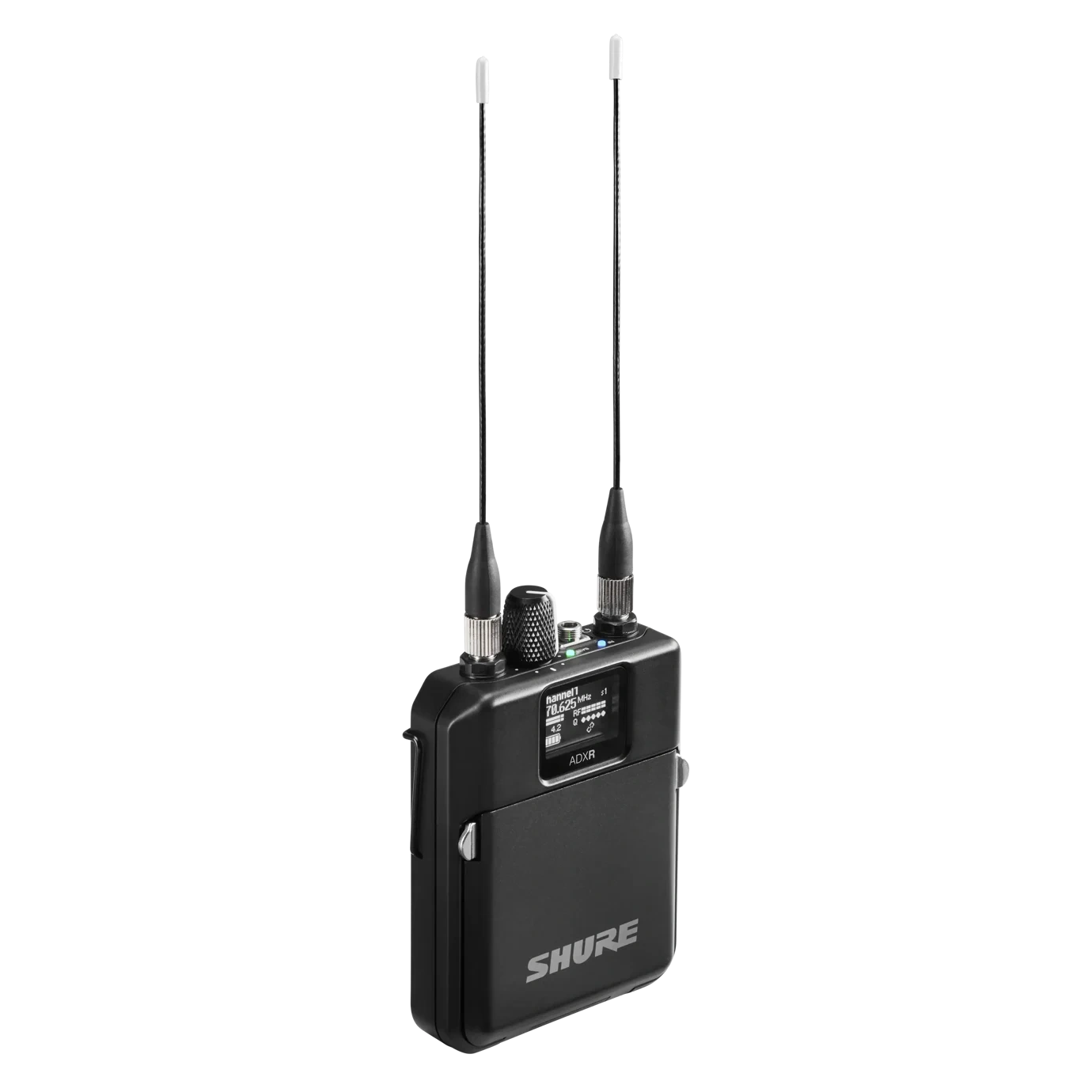 Shure ADXR Axient Digital PSM Wireless Bodypack Receiver Shure ADXR Axient Digital PSM wireless bodypack receiver front view with display screen