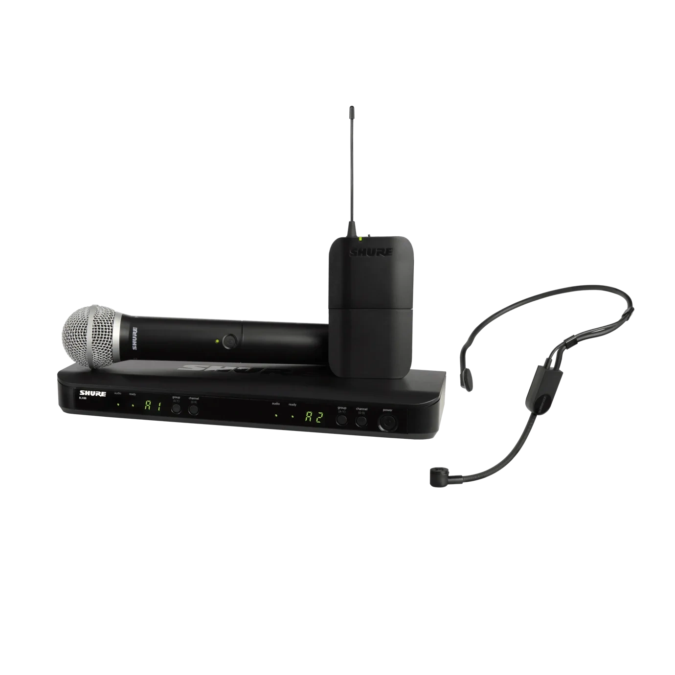 Shure BLX1288 PGA31 Wireless Combo System Front View Shure BLX1288 PGA31 wireless combo system with PG58 handheld microphone and PGA31 headset microphone