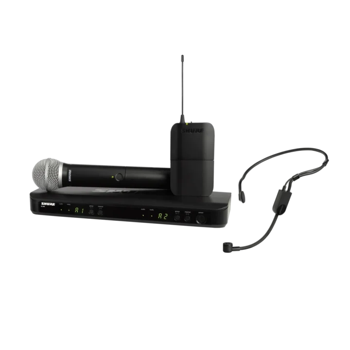 Shure BLX1288 PGA31 wireless combo system with dual receivers, PG58 handheld microphone, and PGA31 headset microphone