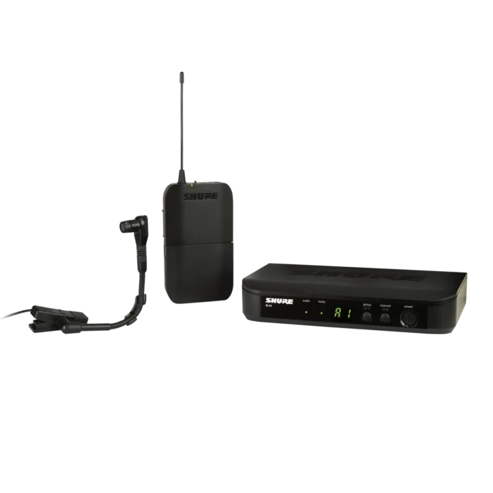 Shure BLX14/B98 wireless instrument system with Beta 98H/C clip-on gooseneck microphone front view