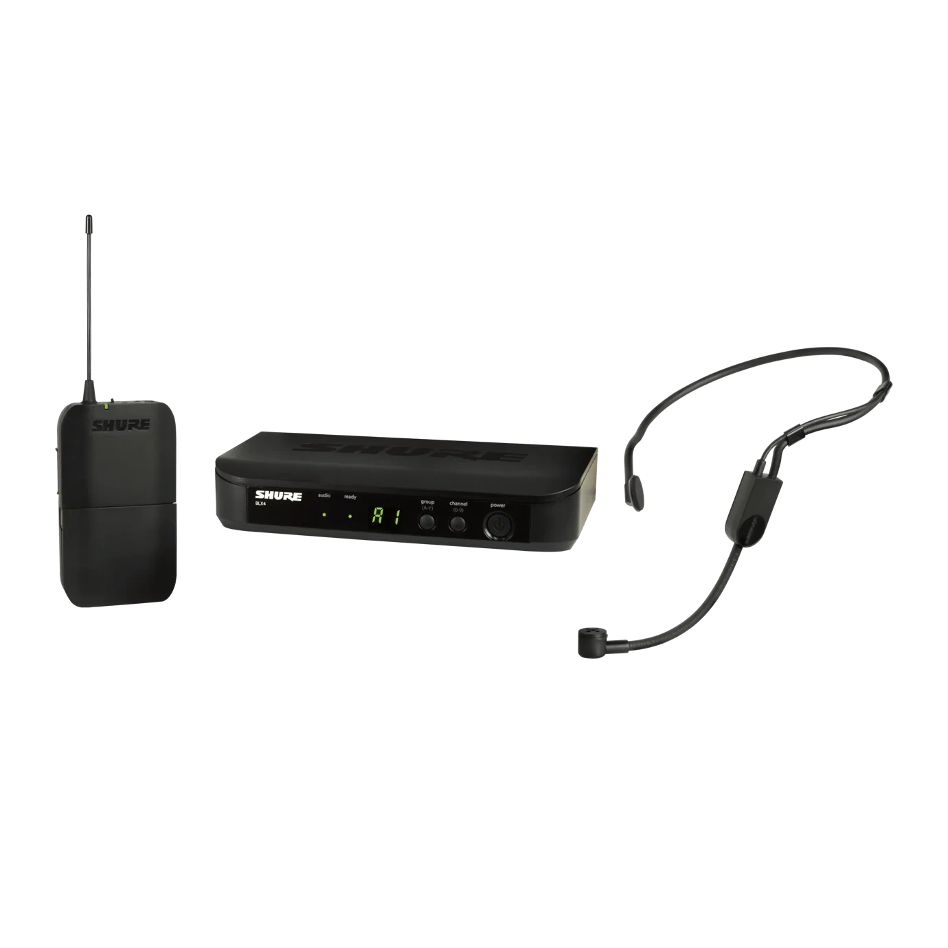 Shure BLX14 PGA31 Wireless Headset System Front View Shure BLX14 PGA31 wireless headset microphone system with receiver and headset microphone