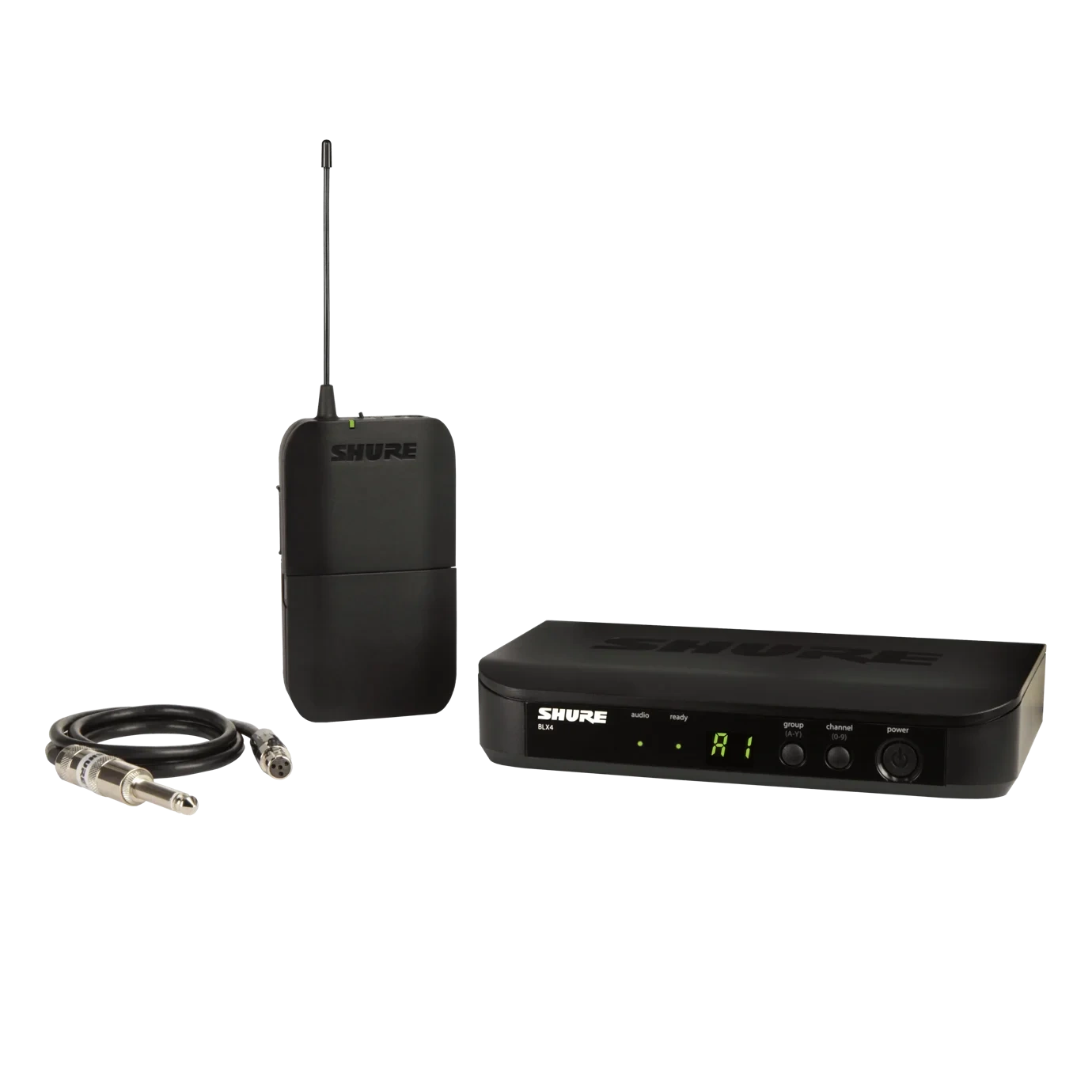 Shure BLX14 Wireless System Guitarist Microphone Front Shure BLX14 wireless microphone system with headset mic and bodypack transmitter for guitarists