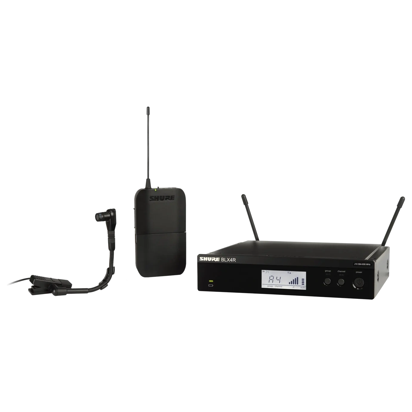 Shure BLX14R/B98 Wireless Rack-mount Instrument System Front Shure BLX14R/B98 wireless rack-mount instrument system with Beta 98H/C clip-on gooseneck microphone, front view