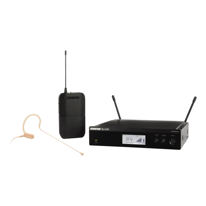 Shure BLX14R MX53 wireless rack-mount presenter system with MX153 earset microphone front view