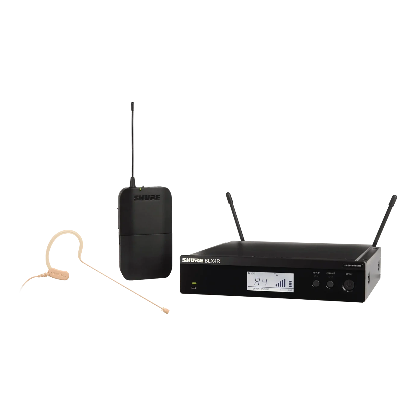 Shure BLX14R/MX53 Wireless Rack-mount Presenter System Front Shure BLX14R/MX53 wireless rack-mount presenter system with MX153 earset microphone, front view