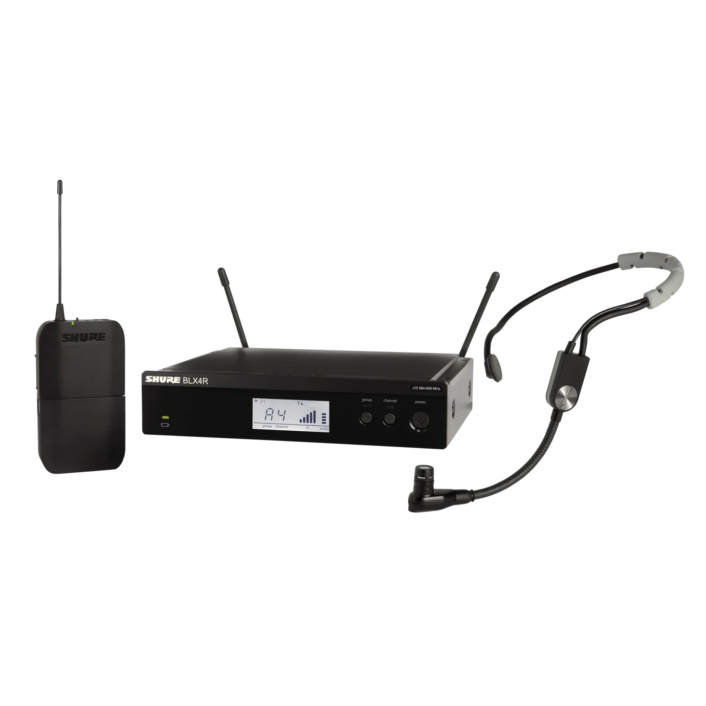 Shure BLX14R SM35 Wireless Headset System Rack-mount Shure BLX14R wireless rack-mount headset system with SM35 headset microphone front view