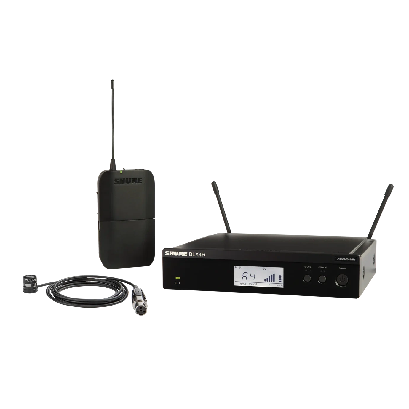 Shure BLX14R/W85M Wireless Rackmount Presenter System Shure BLX14R/W85M wireless rackmount presenter system with WL185m lavalier microphone front view