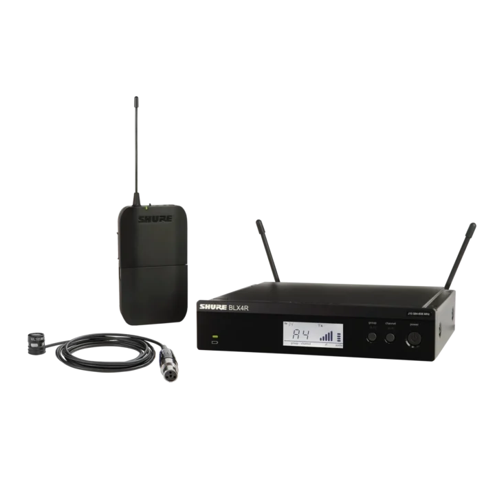 Shure BLX14R/W85M wireless rackmount system with WL185m lavalier microphone front view