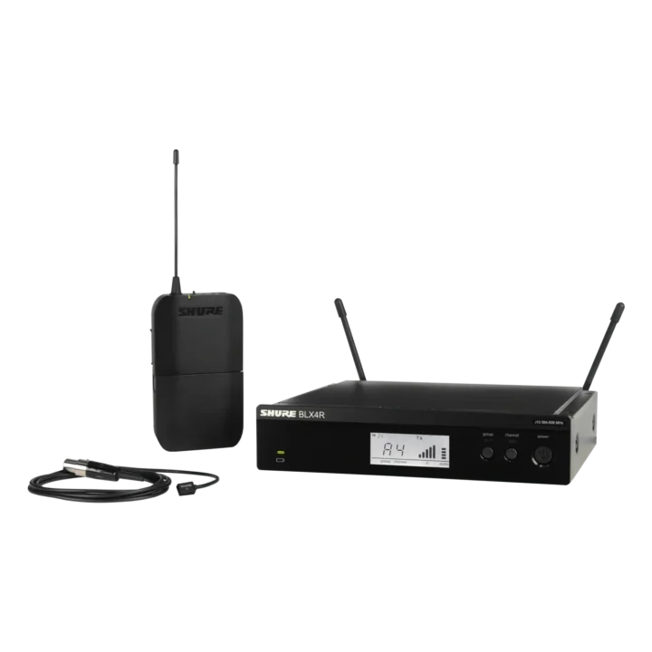 Shure BLX14R/W93 wireless rack-mount presenter system with WL93 lavalier microphone front view