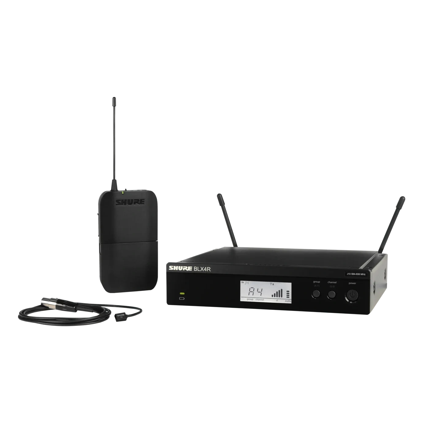 Shure BLX14R/W93 Wireless Presenter System Rack-mount Front Shure BLX14R/W93 wireless rack-mount presenter system with WL93 lavalier microphone front view