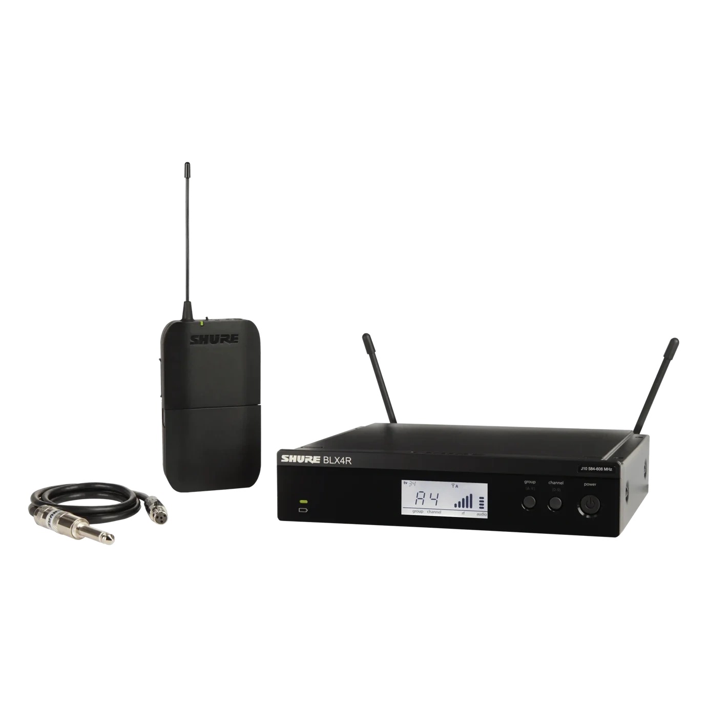 Shure BLX14R Wireless Rack-Mount Guitar System Front View Shure BLX14R wireless rack-mount guitar system receiver with H11 frequency band controls and display