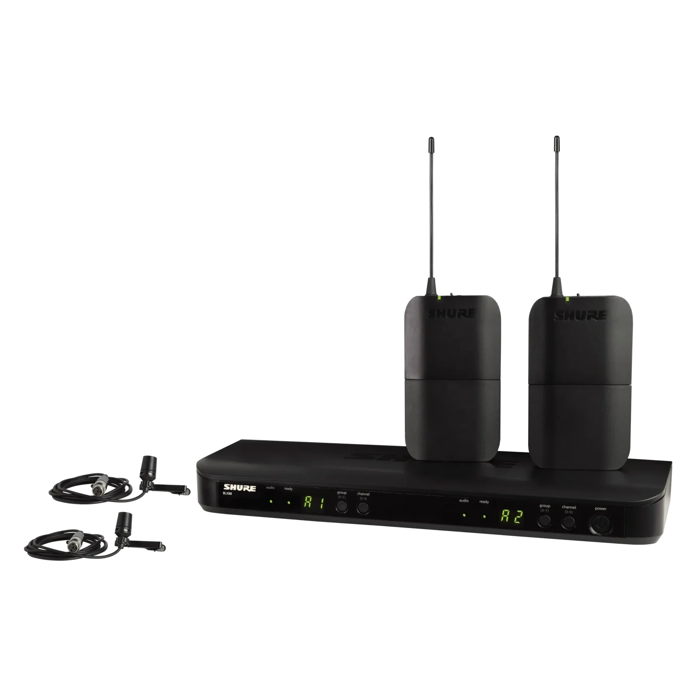 Shure BLX188/CVL Wireless Dual Presenter System Front View Shure BLX188/CVL wireless dual presenter system with two CVL lavalier microphones and H11 receiver