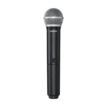 Shure BLX24 PG58 wireless vocal microphone system showing receiver and handheld transmitter