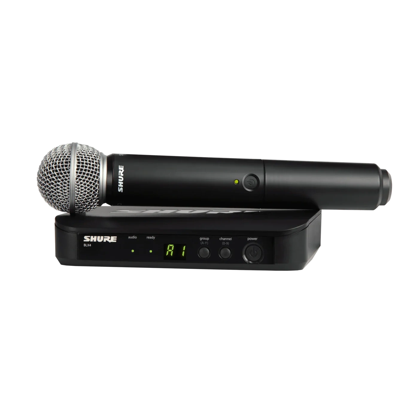 Shure BLX24 SM58 Wireless Vocal System Front View Shure BLX24 SM58 wireless microphone system with handheld transmitter and receiver unit