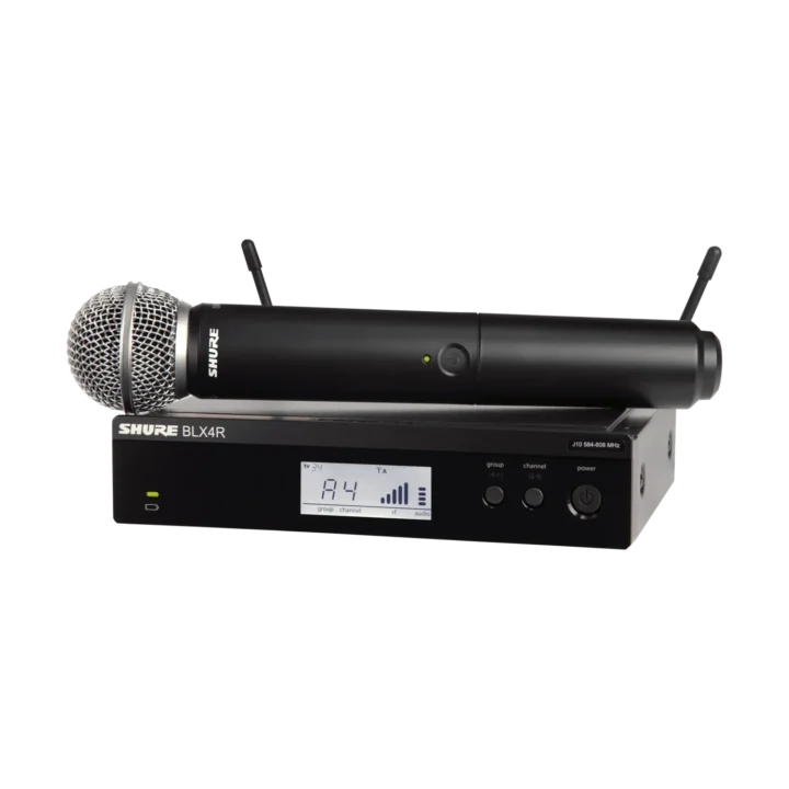 Shure BLX24R SM58 wireless rack-mount vocal system with microphone and receiver unit front view