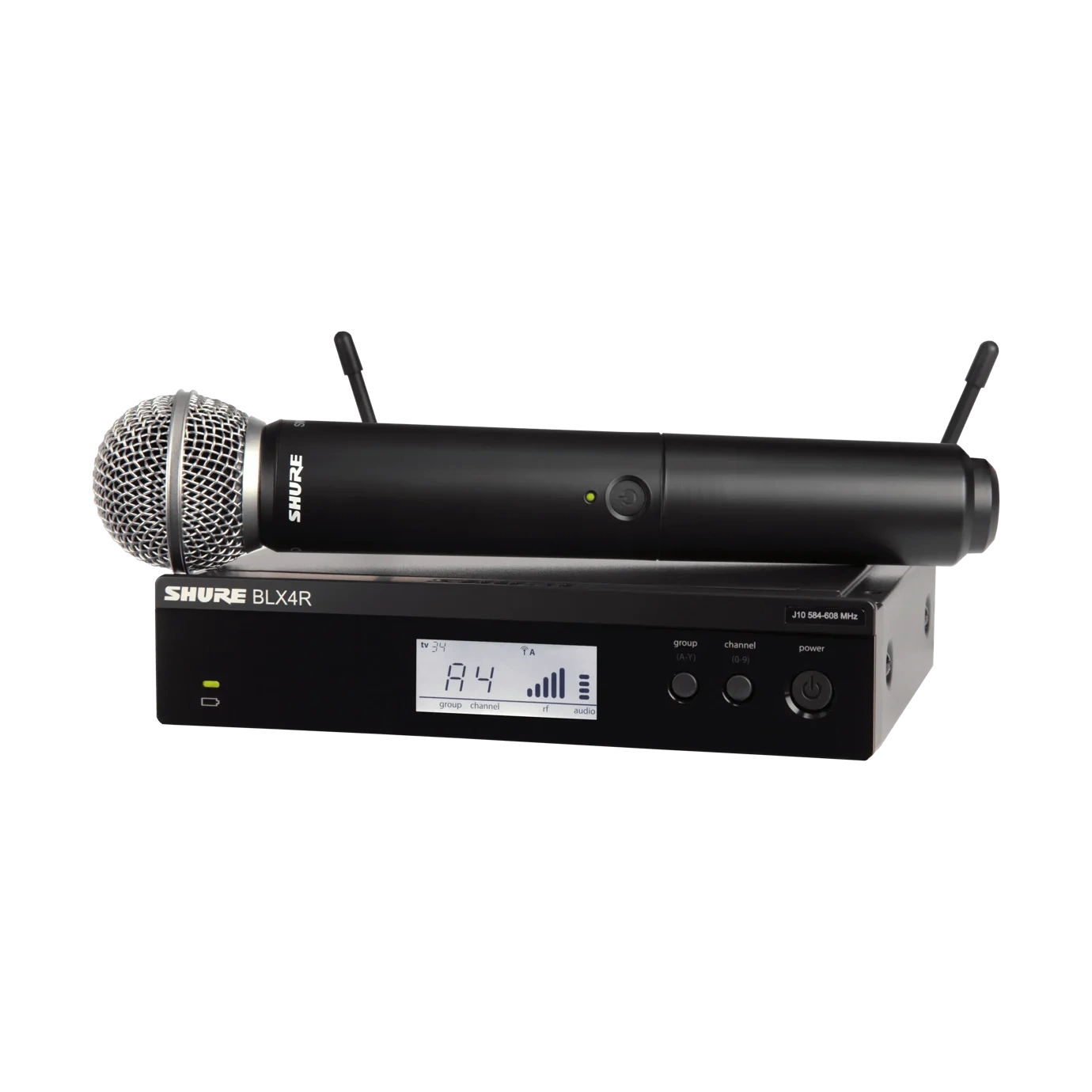 Shure BLX24R SM58 Wireless Rack-mount Vocal System Shure BLX24R SM58 wireless rack-mount vocal microphone system front view with receiver and transmitter