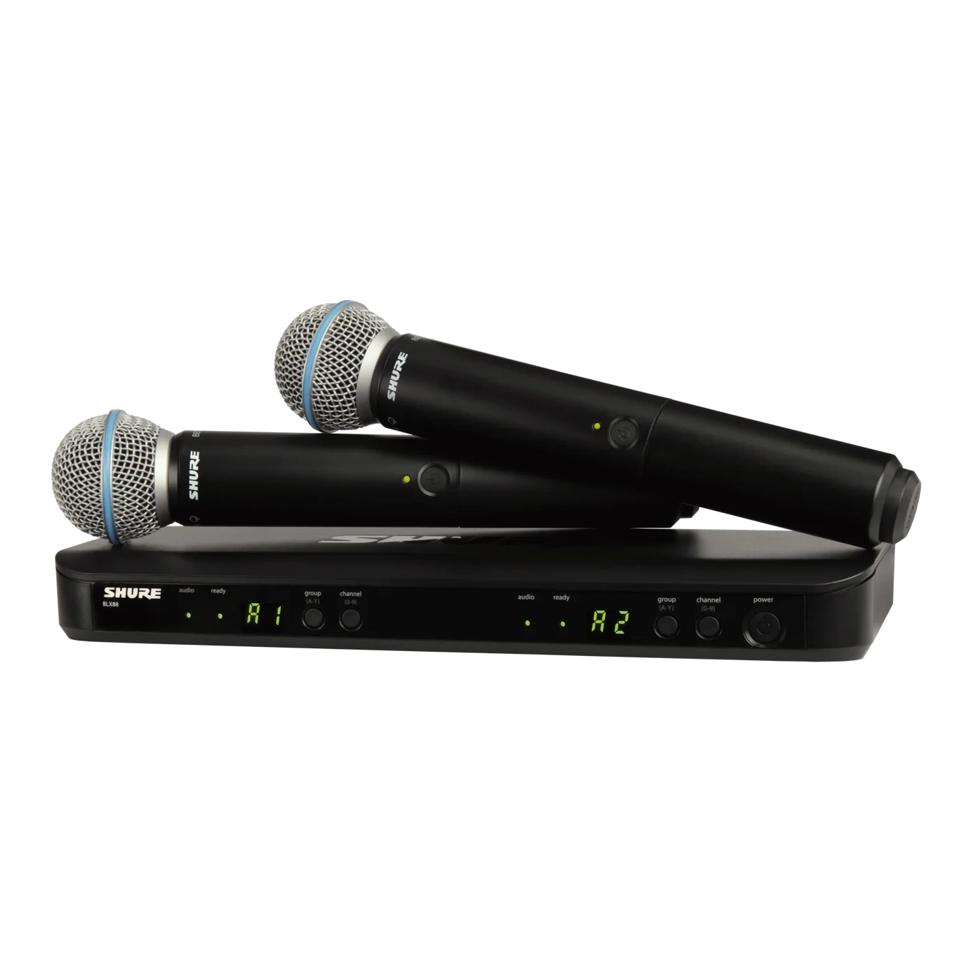 Shure BLX288/B58 Dual Wireless Microphone System Front View Shure BLX288/B58 wireless dual vocal system with two Beta 58A microphones and H11 receiver