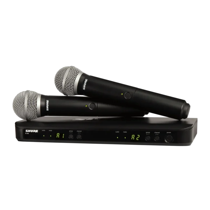 Shure BLX288/PG58 wireless microphone system with dual PG58 handheld transmitters and receiver unit