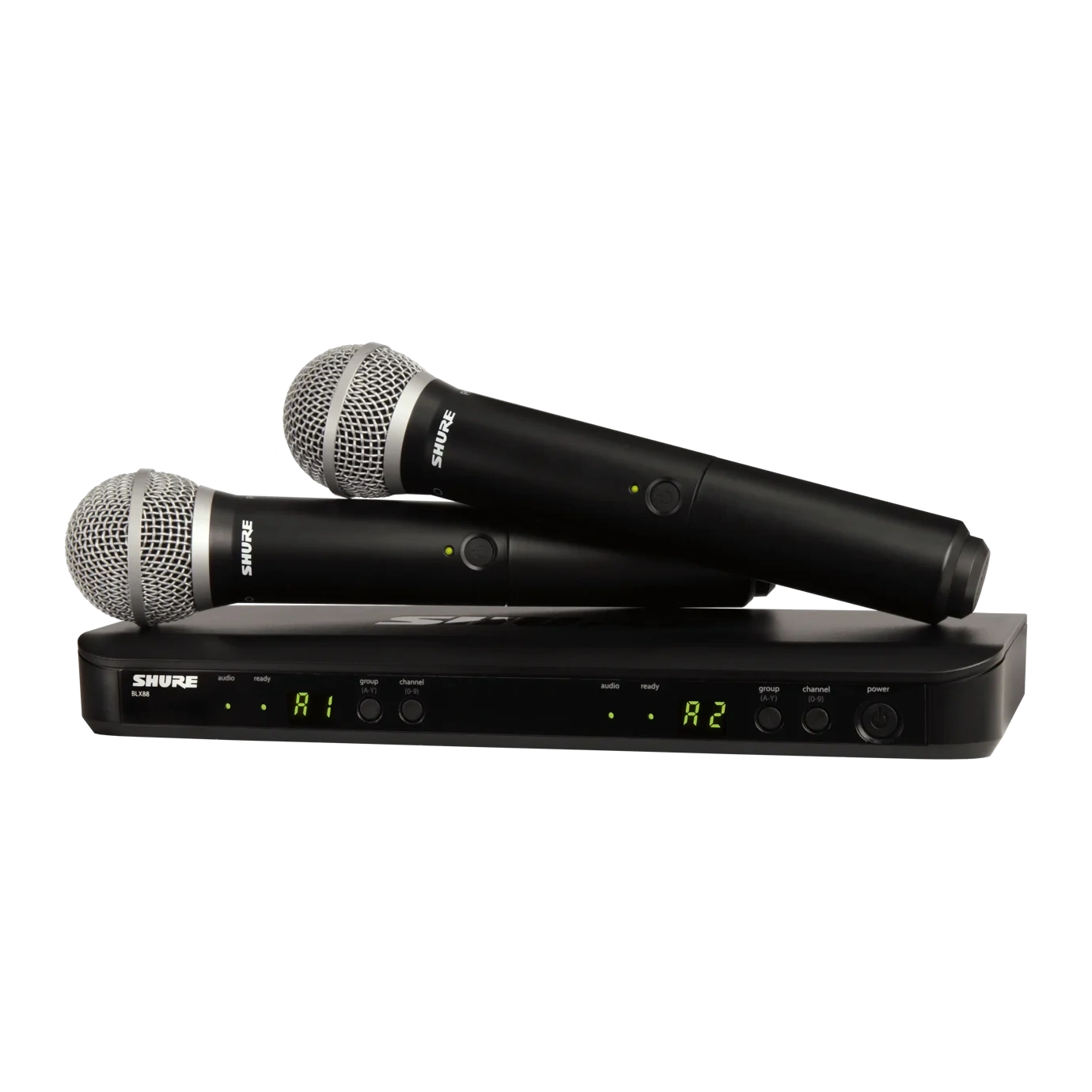 Shure BLX288/PG58 Wireless Dual Vocal System Front View Shure BLX288/PG58 wireless microphone system with dual PG58 handheld transmitters and receiver
